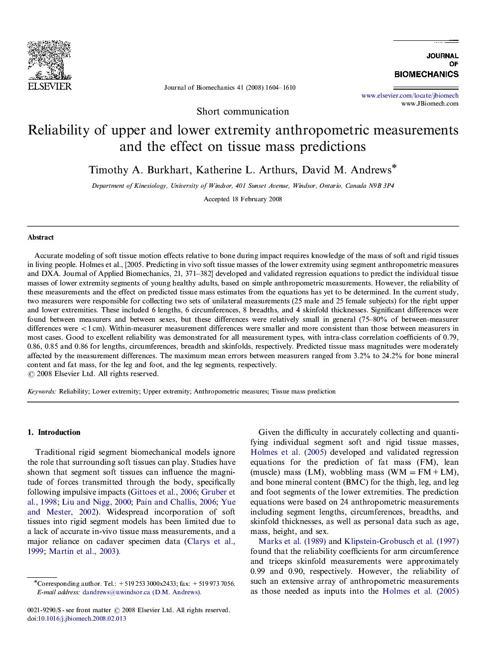 Reliability of upper and lower extremity anthropometric measurements and the effect on tissue mass predictions