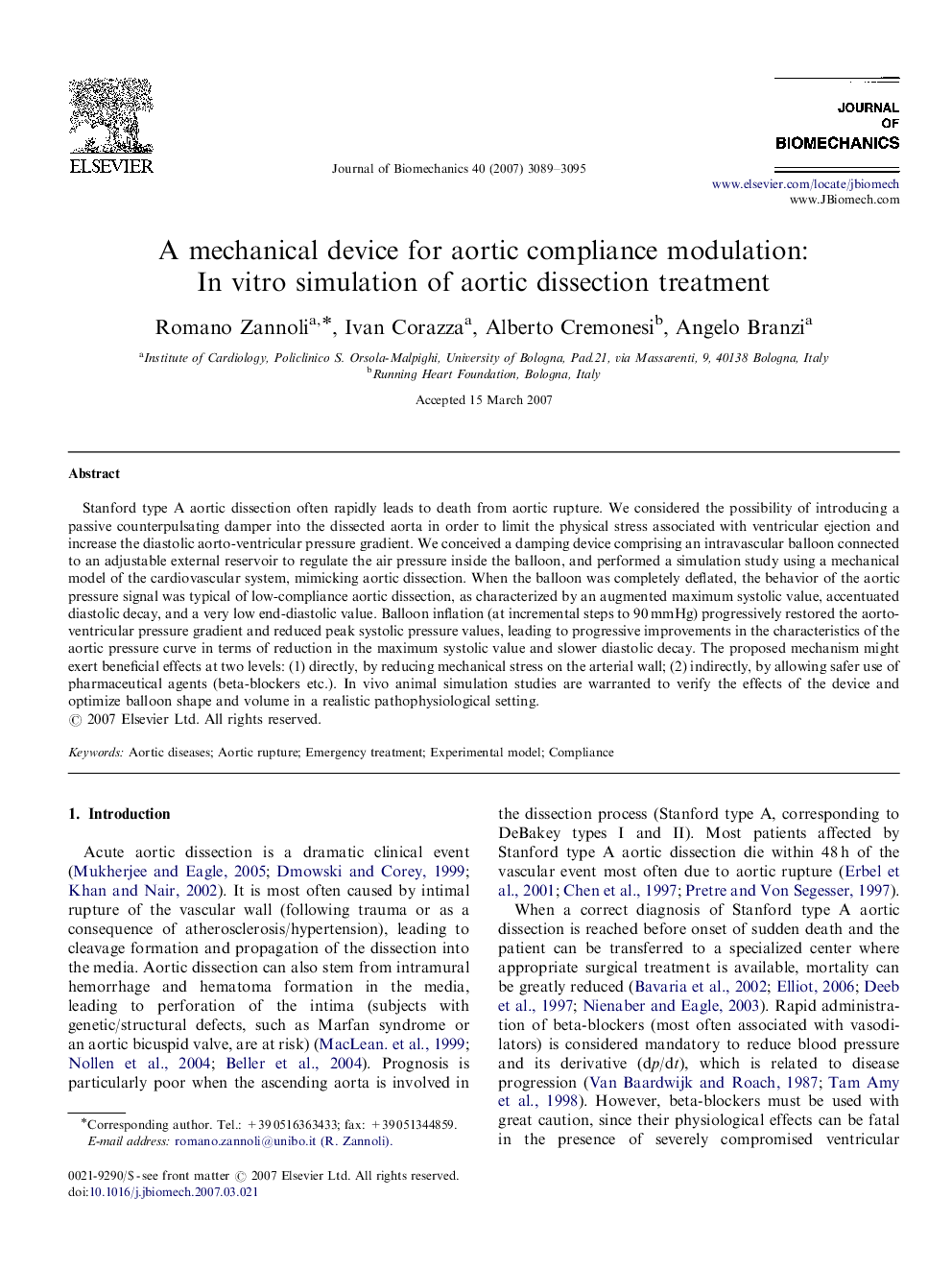 A mechanical device for aortic compliance modulation: In vitro simulation of aortic dissection treatment