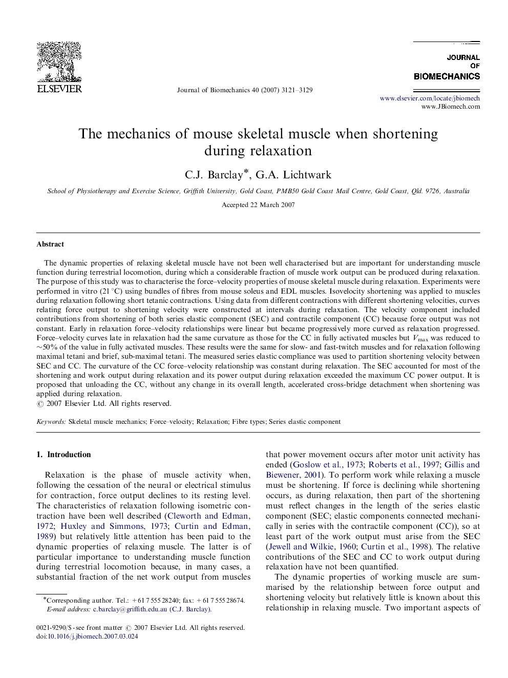 The mechanics of mouse skeletal muscle when shortening during relaxation