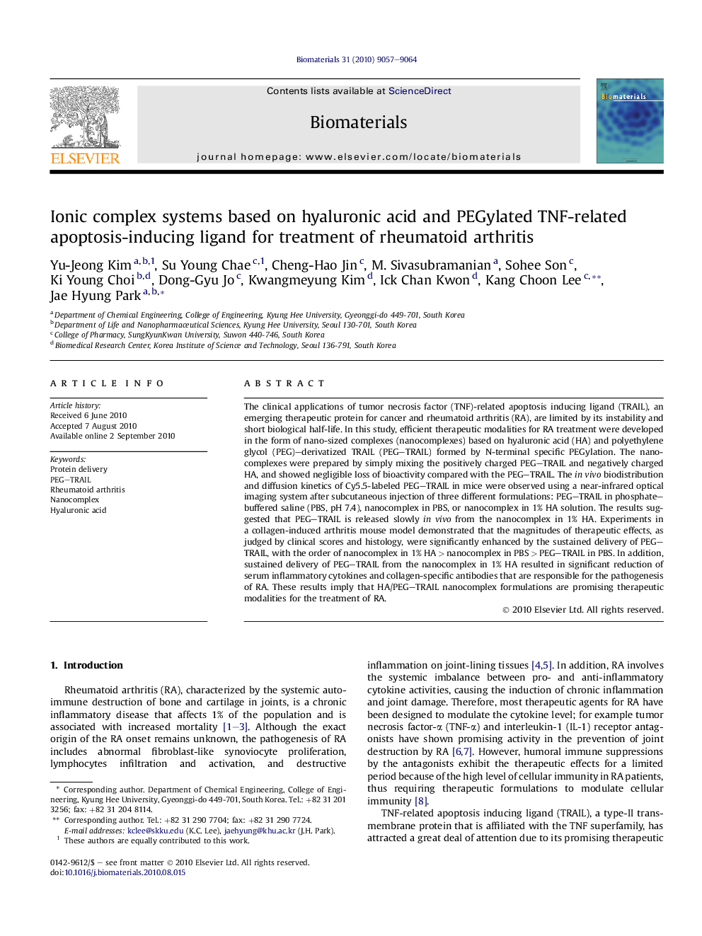 Ionic complex systems based on hyaluronic acid and PEGylated TNF-related apoptosis-inducing ligand for treatment of rheumatoid arthritis