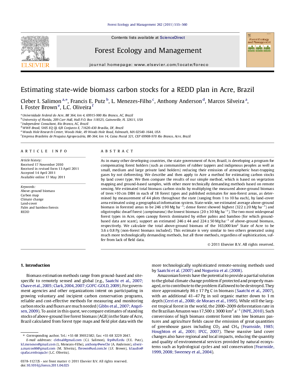 Estimating state-wide biomass carbon stocks for a REDD plan in Acre, Brazil