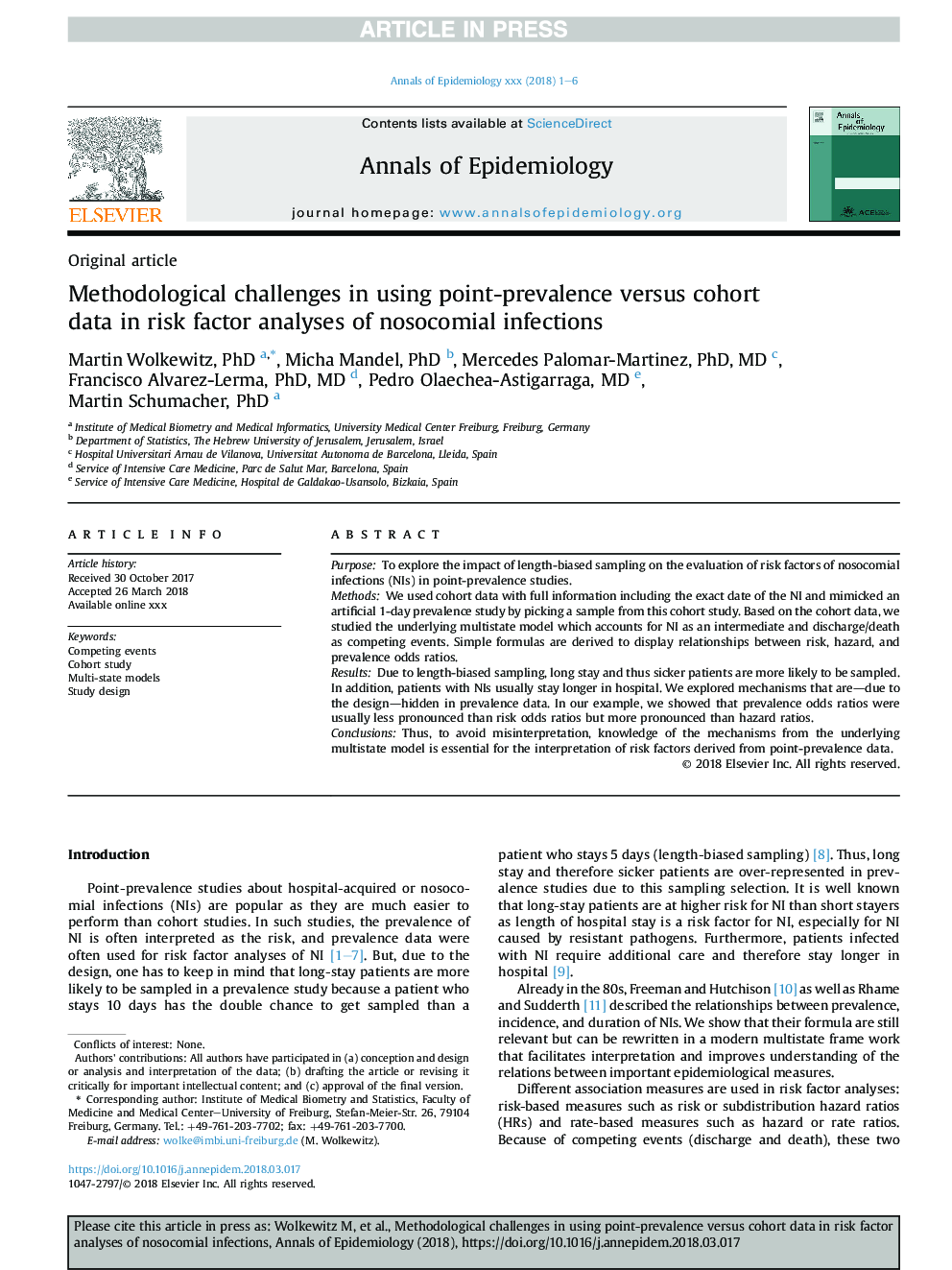 Methodological challenges in using point-prevalence versus cohort data in risk factor analyses of nosocomial infections