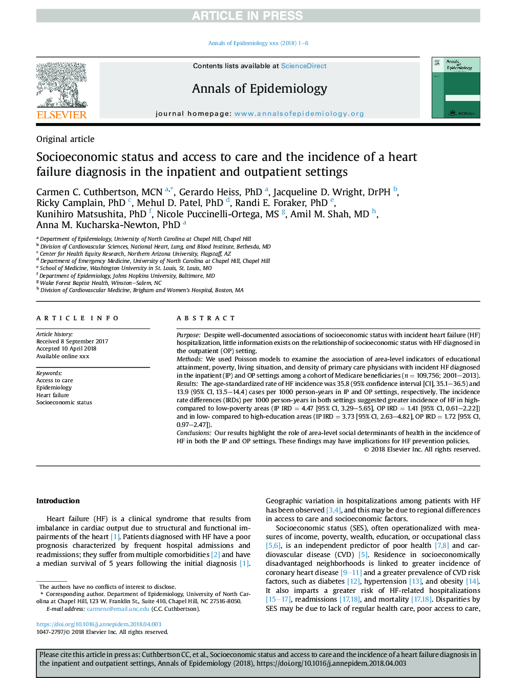 Socioeconomic status and access to care and the incidence of a heart failure diagnosis in the inpatient and outpatient settings