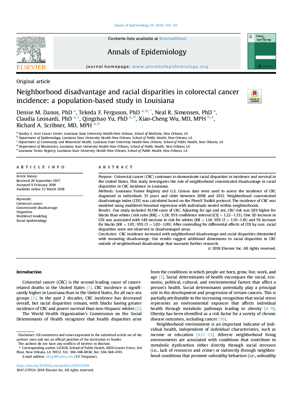 Neighborhood disadvantage and racial disparities in colorectal cancer incidence: a population-based study in Louisiana