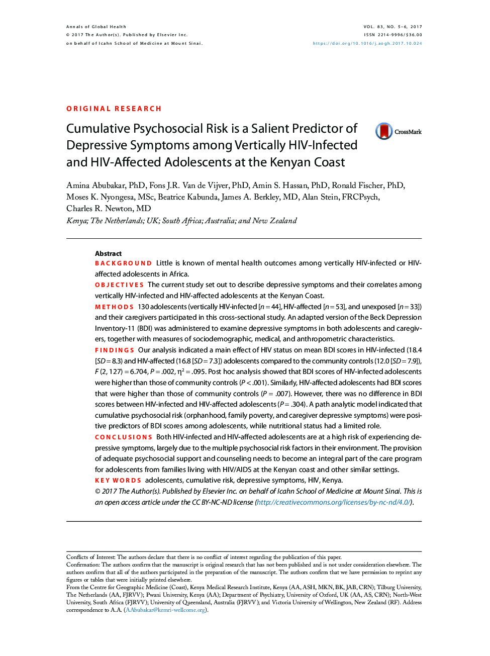 Cumulative Psychosocial Risk is a Salient Predictor of Depressive Symptoms among Vertically HIV-Infected and HIV-Affected Adolescents at the Kenyan Coast