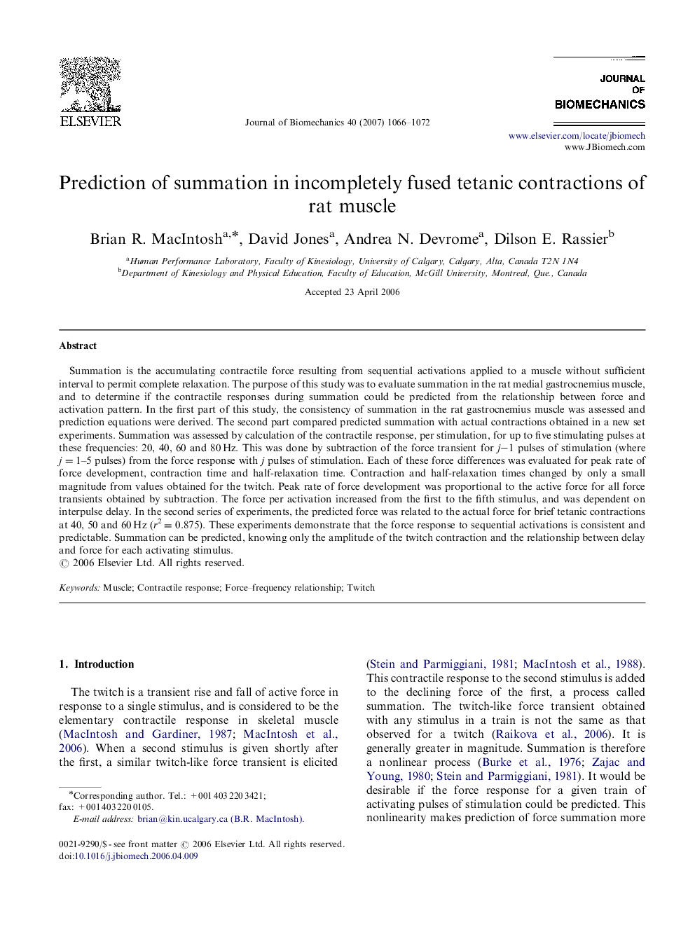 Prediction of summation in incompletely fused tetanic contractions of rat muscle