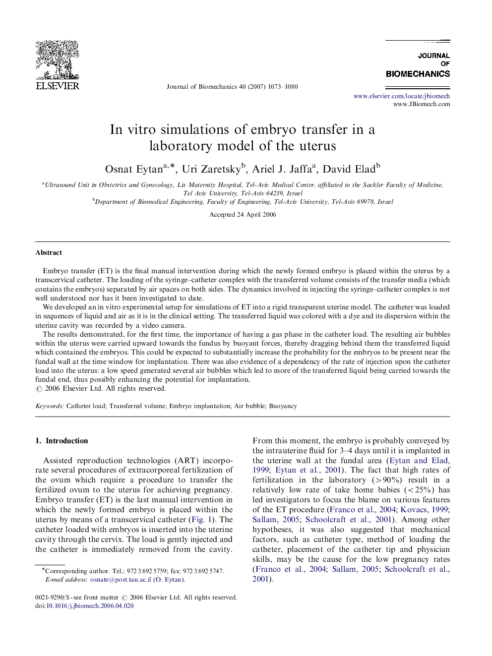 In vitro simulations of embryo transfer in a laboratory model of the uterus