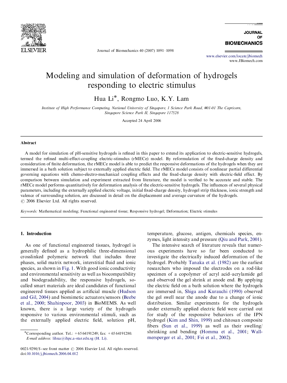 Modeling and simulation of deformation of hydrogels responding to electric stimulus