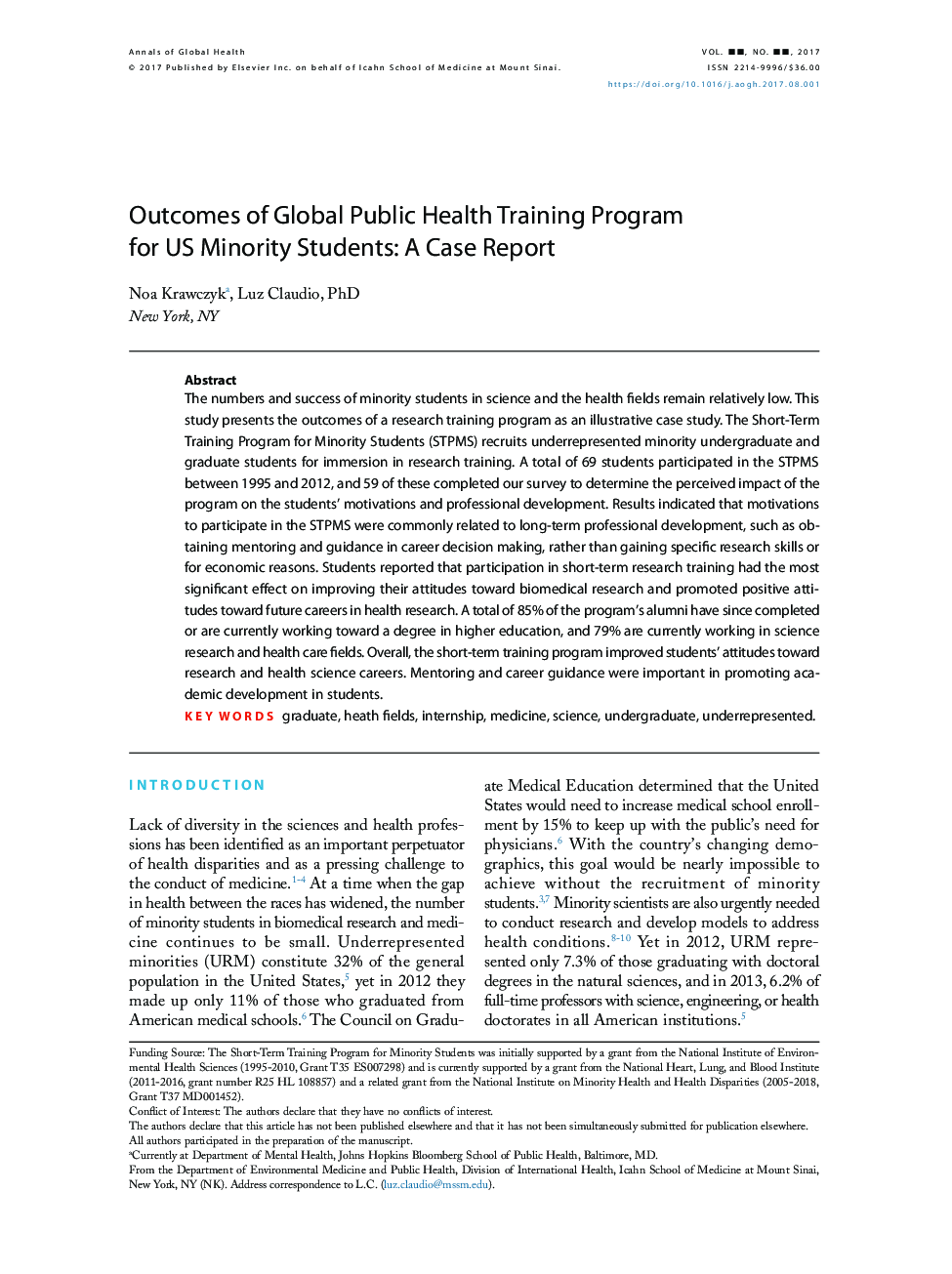 نتایج برنامه جهانی آموزش بهداشت عمومی برای دانش آموزان اقلیت های ایالات متحده: گزارش مورد 