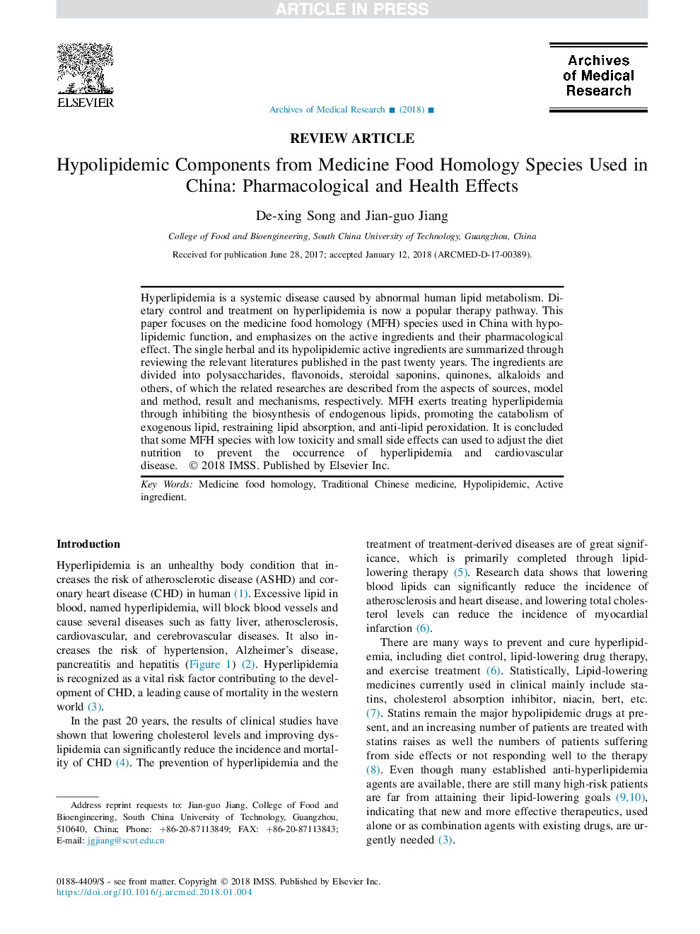 Hypolipidemic Components from Medicine Food Homology Species Used in China: Pharmacological and Health Effects