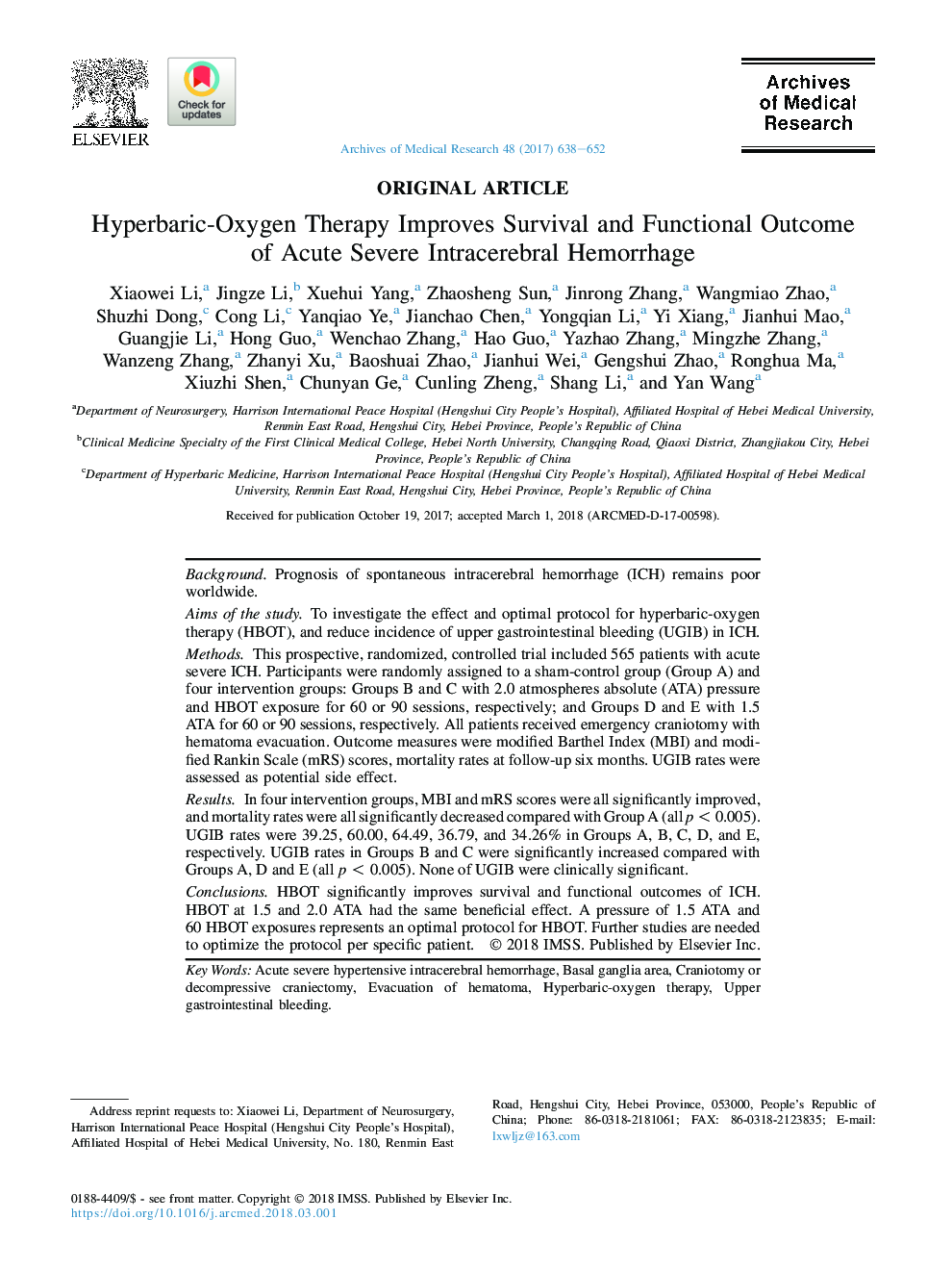 Hyperbaric-Oxygen Therapy Improves Survival and Functional Outcome of Acute Severe Intracerebral Hemorrhage