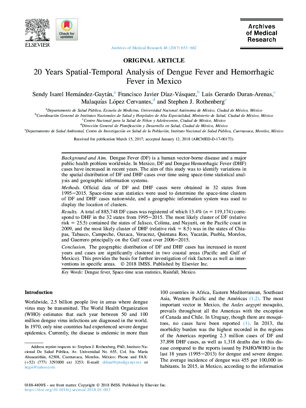 20 Years Spatial-Temporal Analysis of Dengue Fever and Hemorrhagic FeverÂ in Mexico