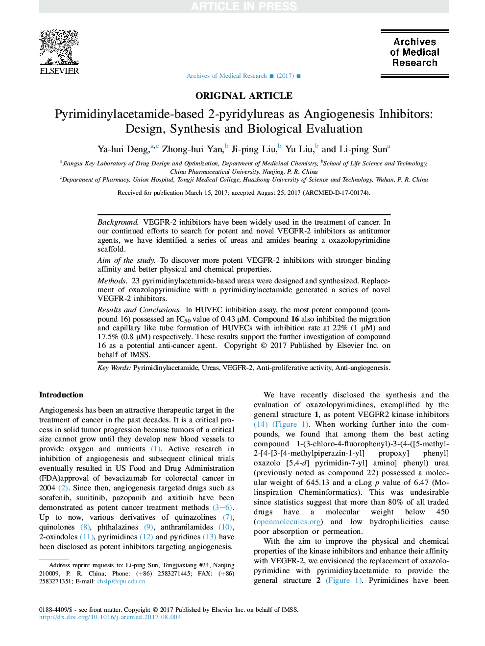 Pyrimidinylacetamide-based 2-pyridylureas as Angiogenesis Inhibitors: Design, Synthesis and Biological Evaluation