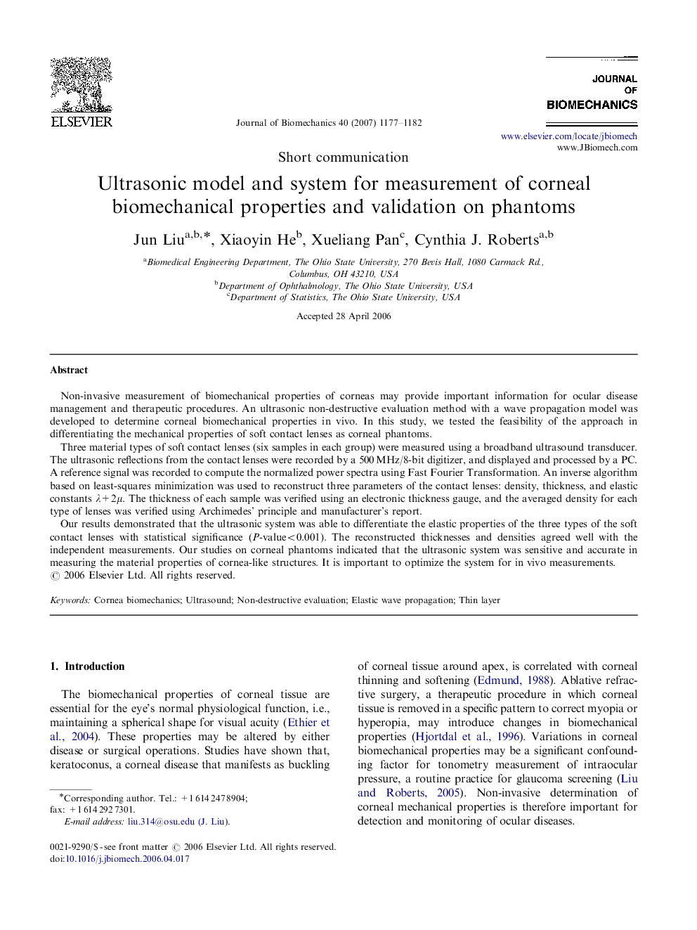 Ultrasonic model and system for measurement of corneal biomechanical properties and validation on phantoms