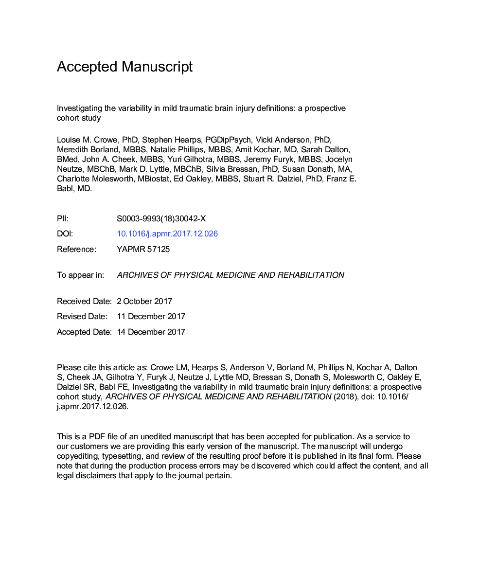 Investigating the Variability in Mild Traumatic Brain Injury Definitions: A Prospective Cohort Study