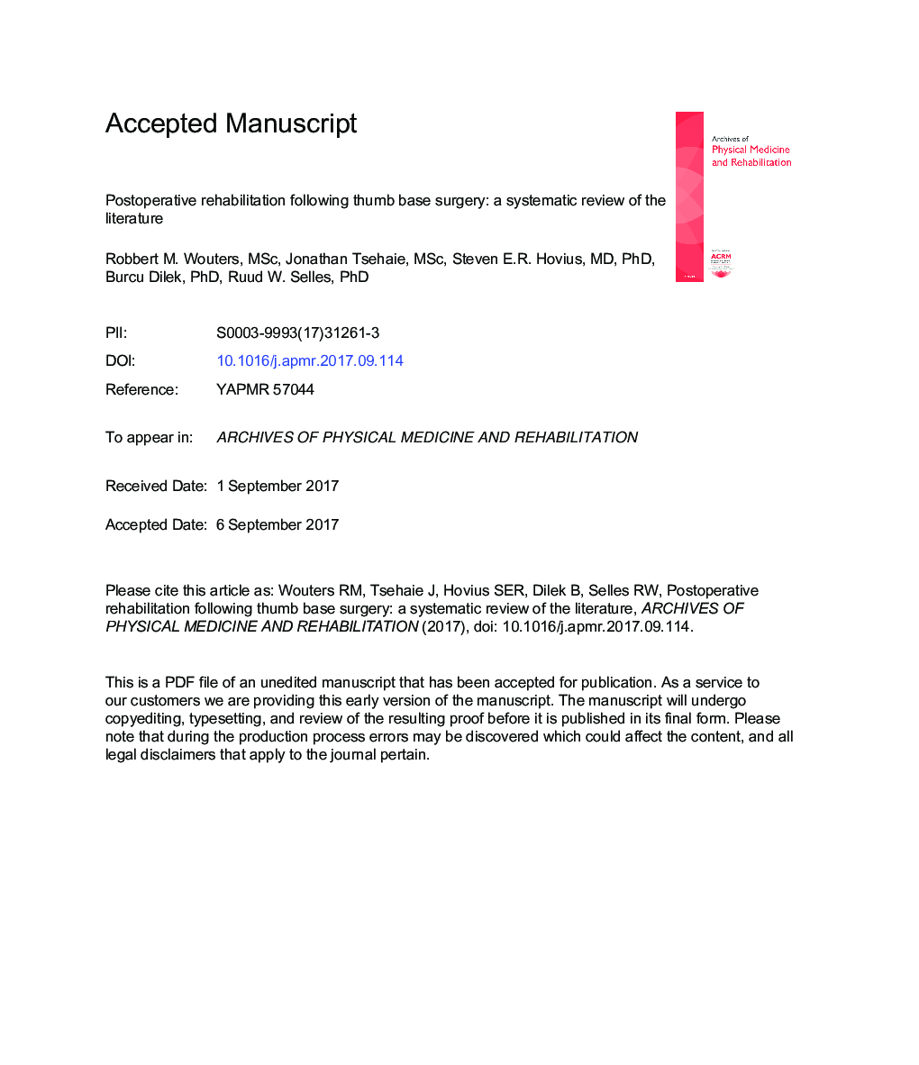 Postoperative Rehabilitation Following Thumb Base Surgery: A Systematic Review of the Literature