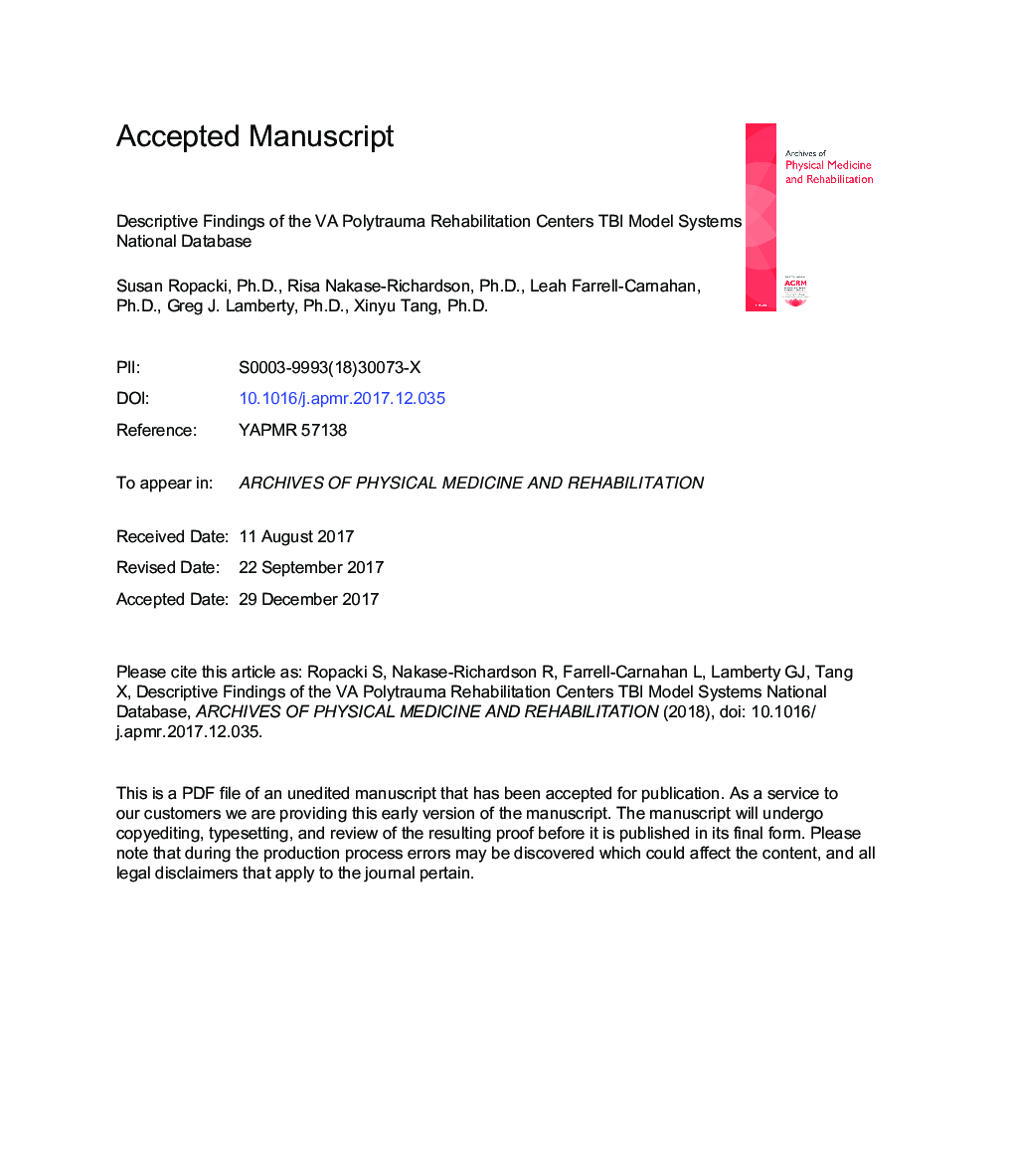 Descriptive Findings of the VA Polytrauma Rehabilitation Centers TBI Model Systems National Database