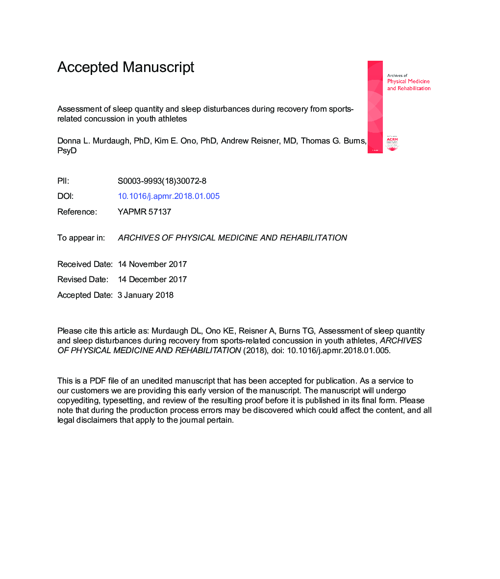 Assessment of Sleep Quantity and Sleep Disturbances During Recovery From Sports-Related Concussion in Youth Athletes