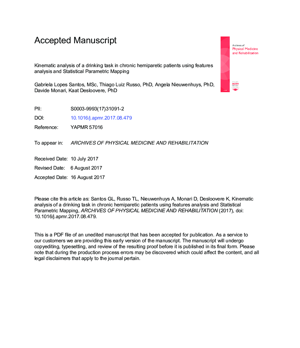 Kinematic Analysis of a Drinking Task in Chronic Hemiparetic Patients Using Features Analysis and Statistical Parametric Mapping