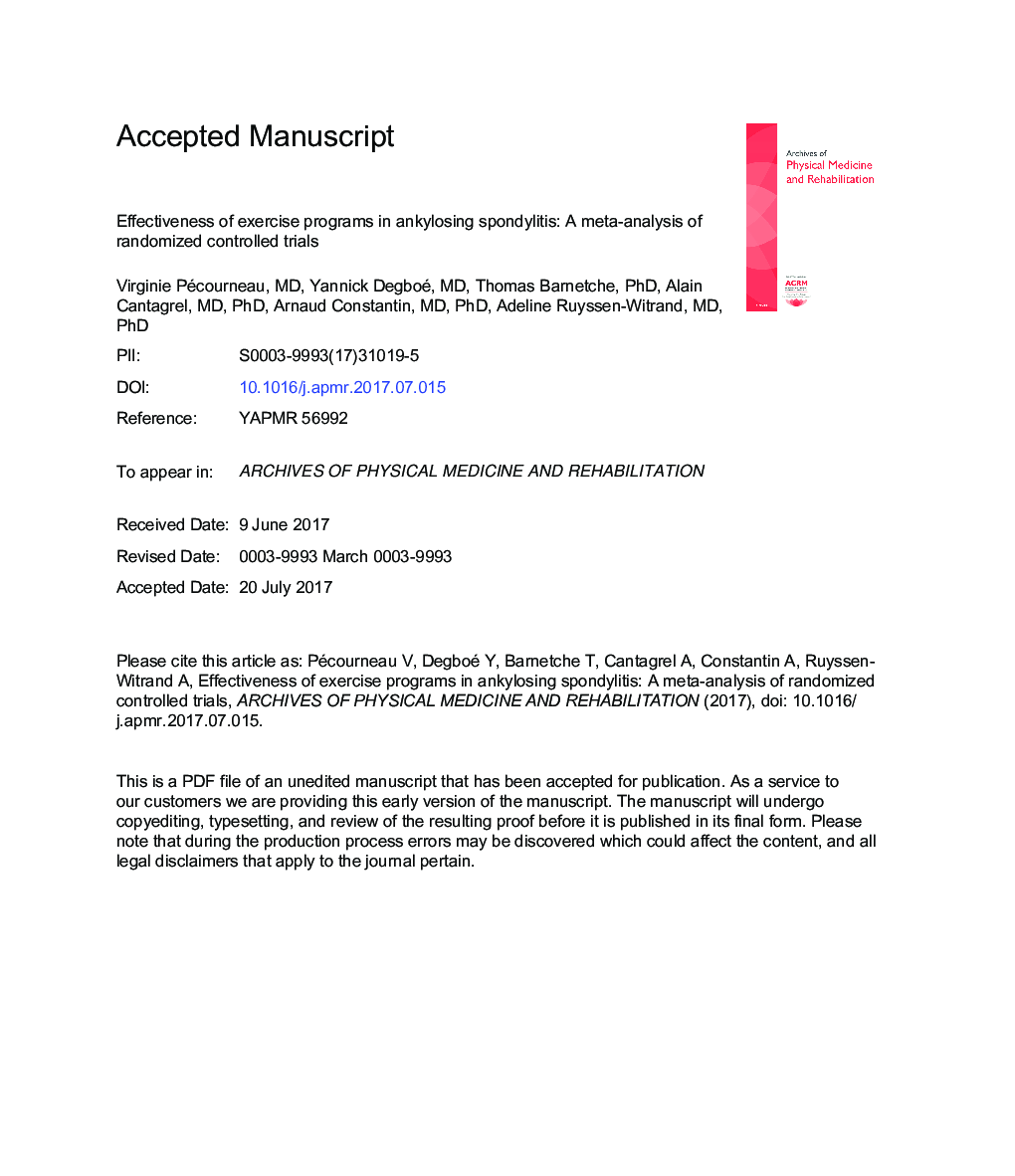 Effectiveness of Exercise Programs in Ankylosing Spondylitis: A Meta-Analysis of Randomized Controlled Trials