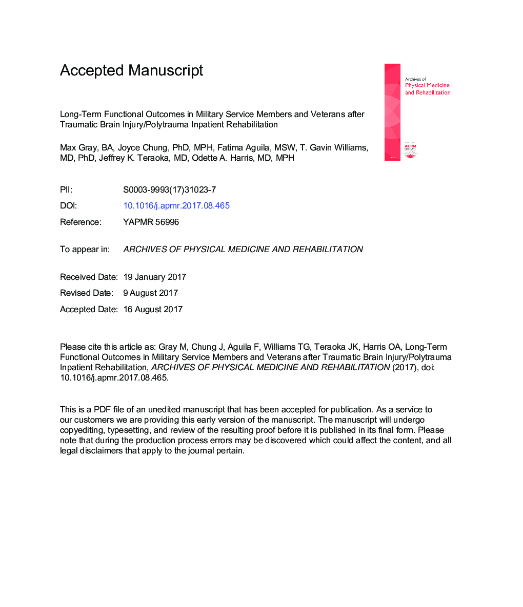 Long-Term Functional Outcomes in Military Service Members and Veterans After Traumatic Brain Injury/Polytrauma Inpatient Rehabilitation