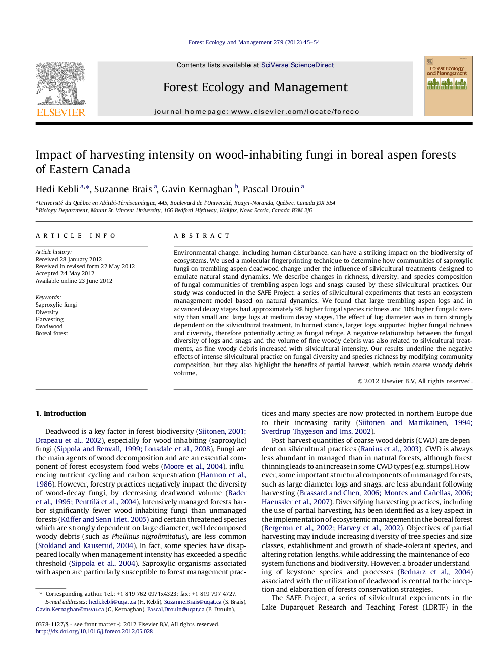 Impact of harvesting intensity on wood-inhabiting fungi in boreal aspen forests of Eastern Canada