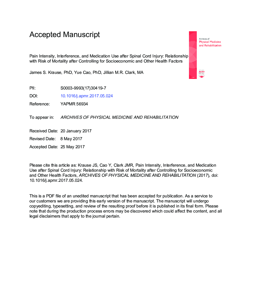 Pain Intensity, Interference, and Medication Use After Spinal Cord Injury: Association With Risk of Mortality After Controlling for Socioeconomic and Other Health Factors