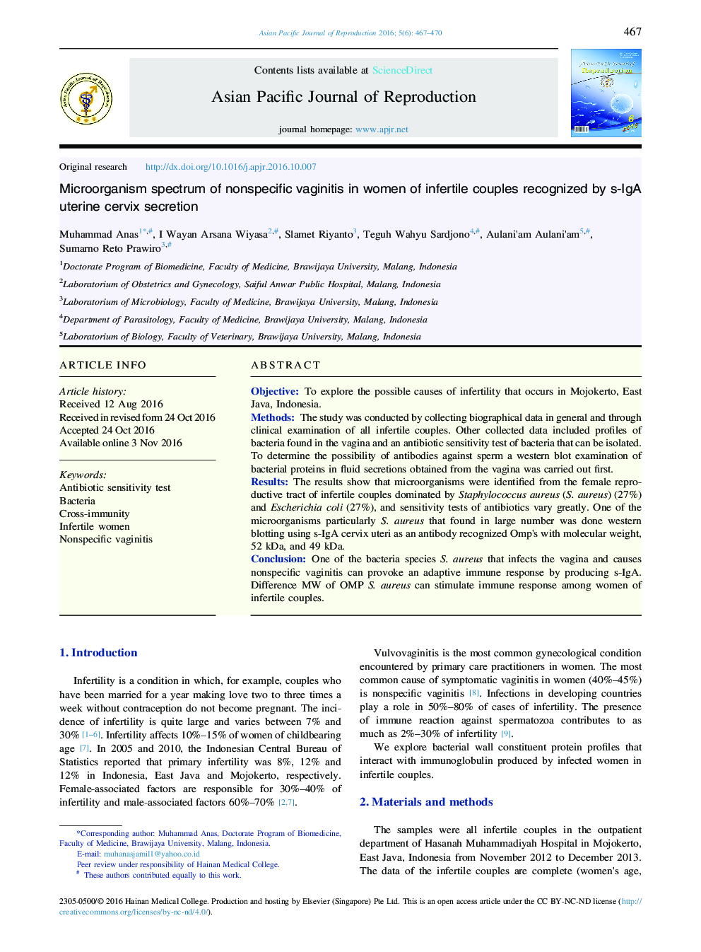 Microorganism spectrum of nonspecific vaginitis in women of infertile couples recognized by s-IgA uterine cervix secretion