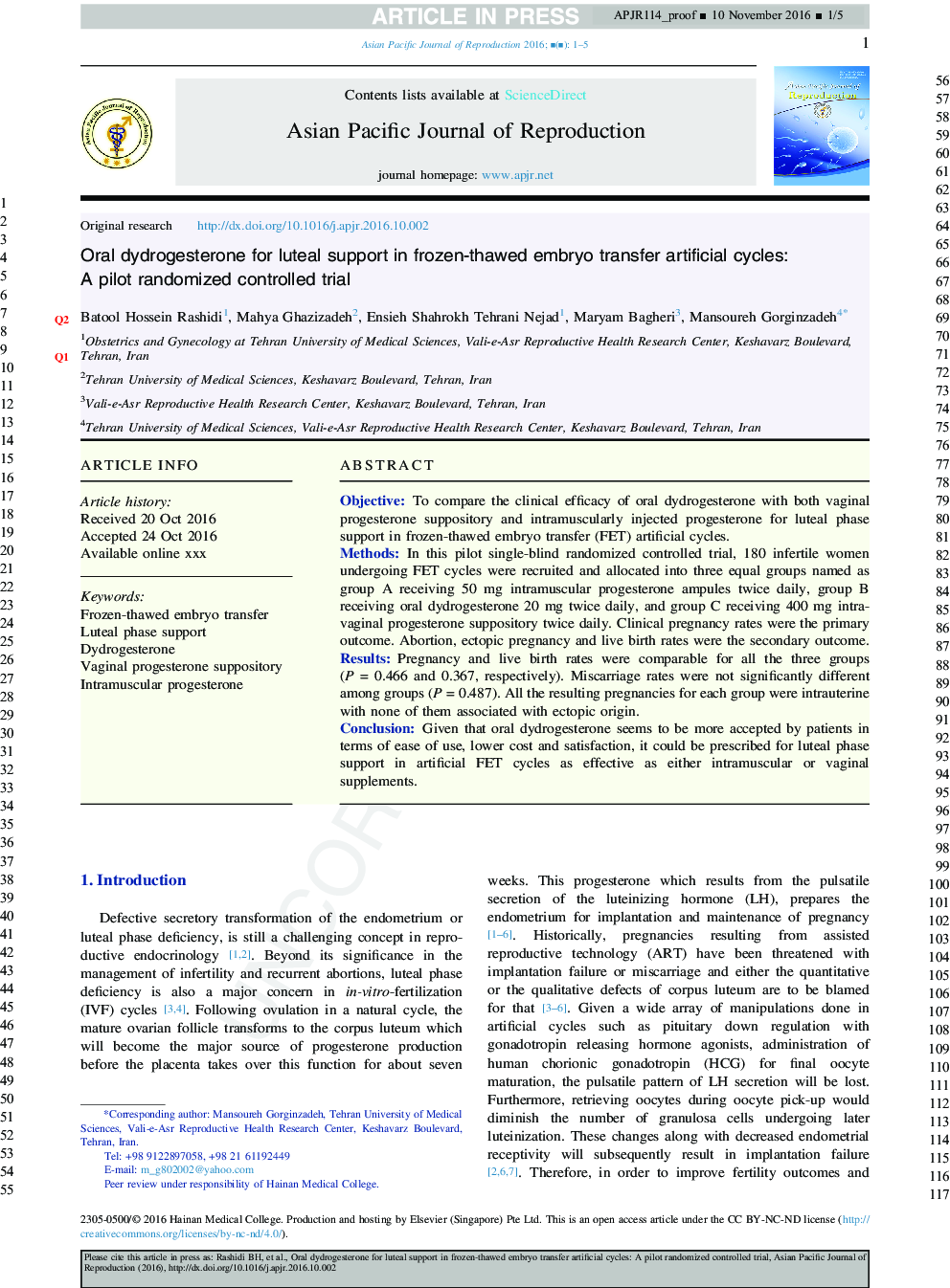 Oral dydrogesterone for luteal support in frozen-thawed embryo transfer artificial cycles: A pilot randomized controlled trial