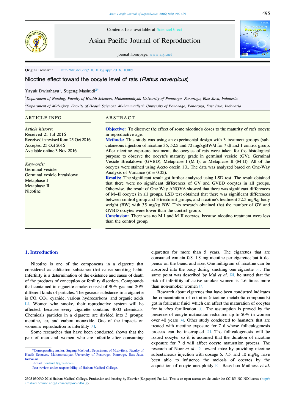 Nicotine effect toward the oocyte level of rats (Rattus novergicus)