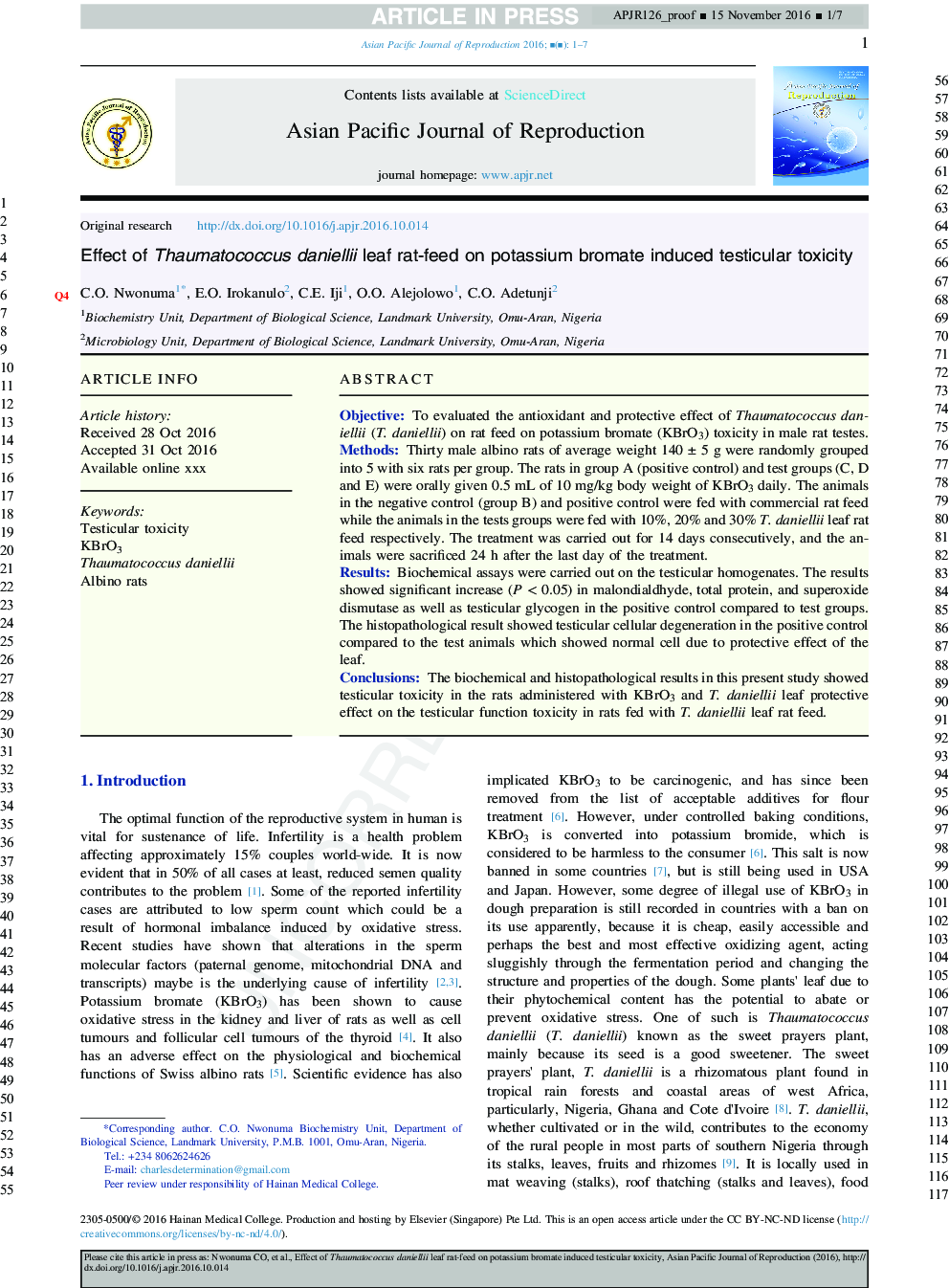 Effect of Thaumatococcus daniellii leaf rat-feed on potassium bromate induced testicular toxicity