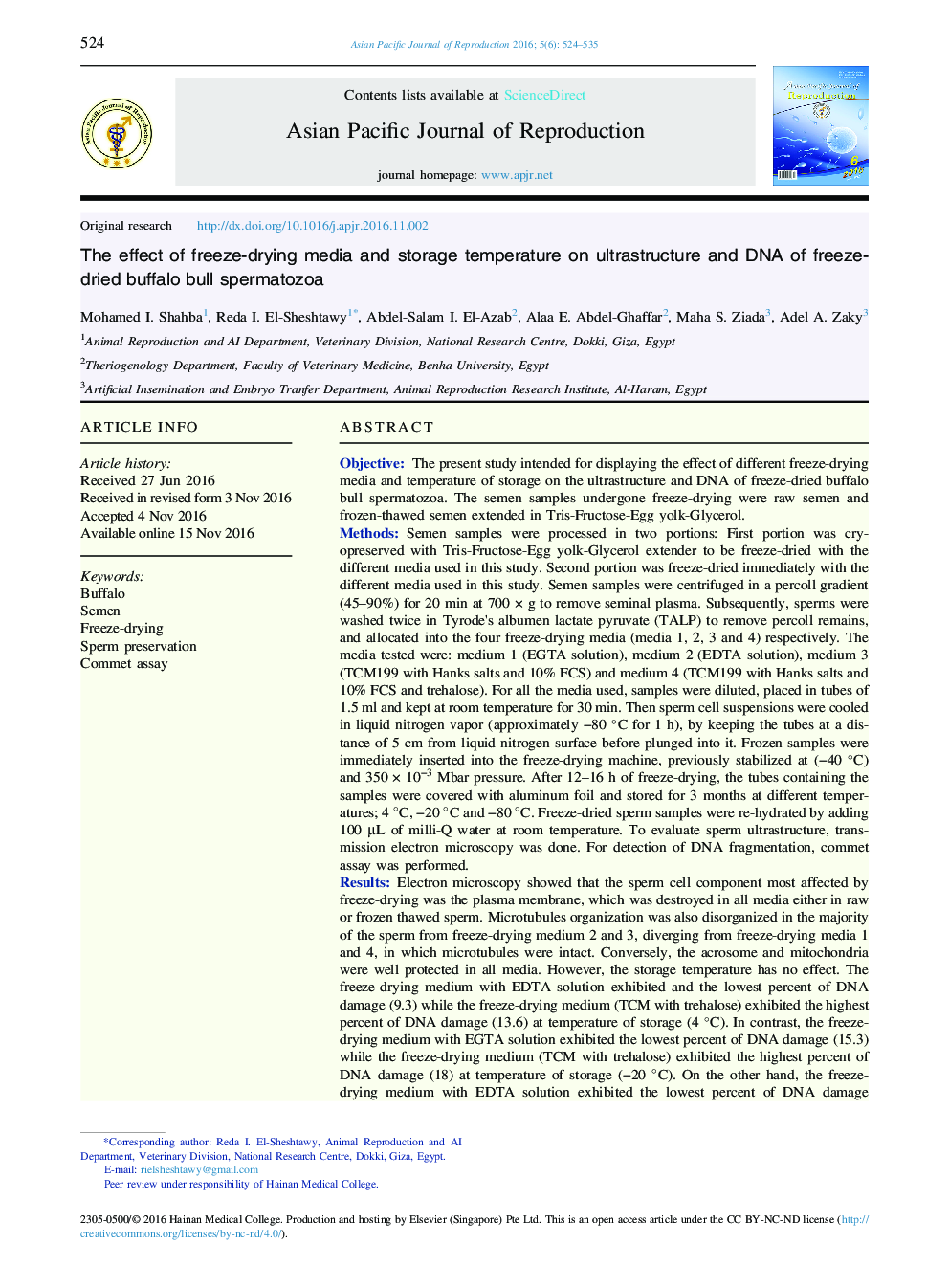 The effect of freeze-drying media and storage temperature on ultrastructure and DNA of freeze-dried buffalo bull spermatozoa