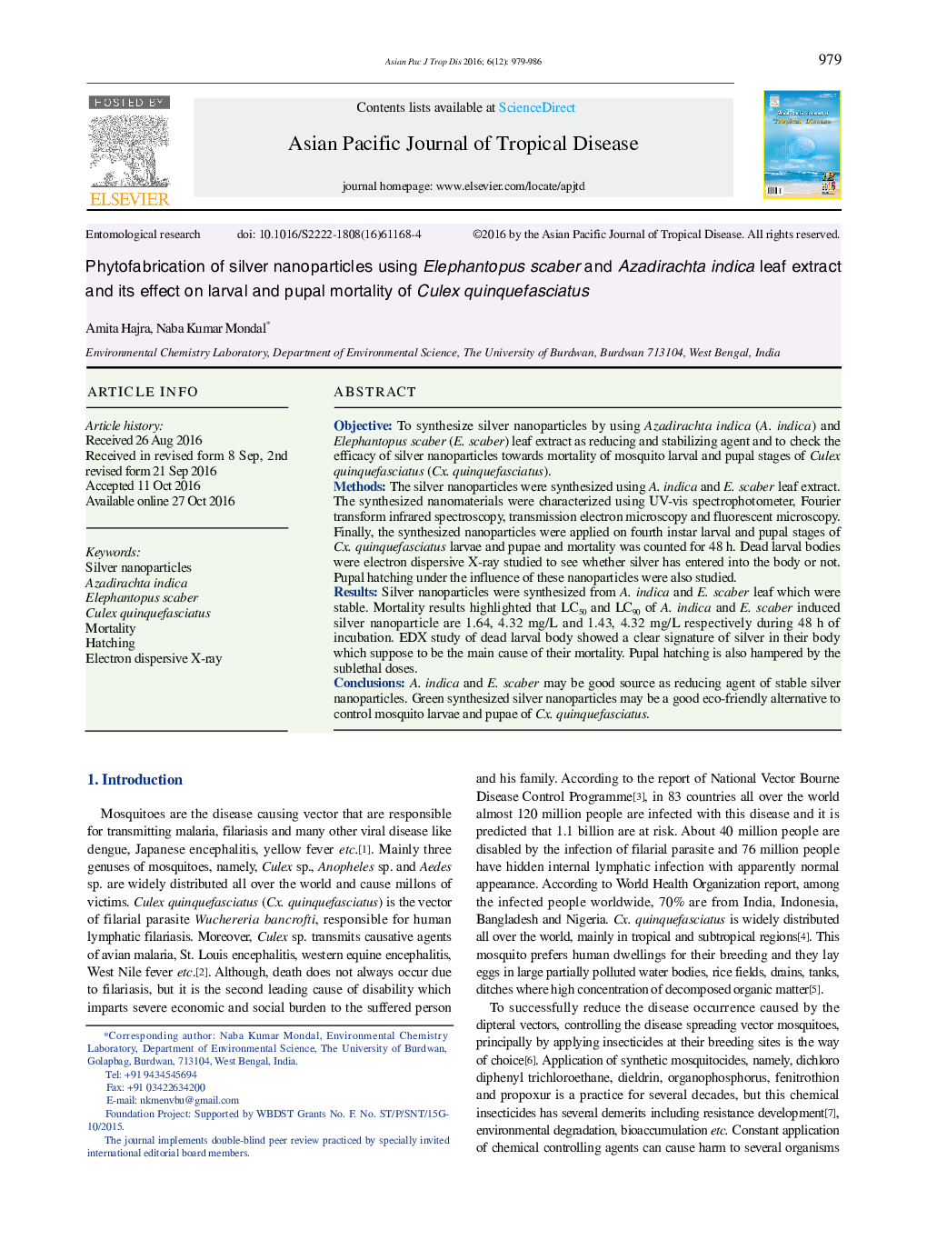 Phytofabrication of silver nanoparticles using Elephantopus scaber and Azadirachta indica leaf extract and its effect on larval and pupal mortality of Culex quinquefasciatus