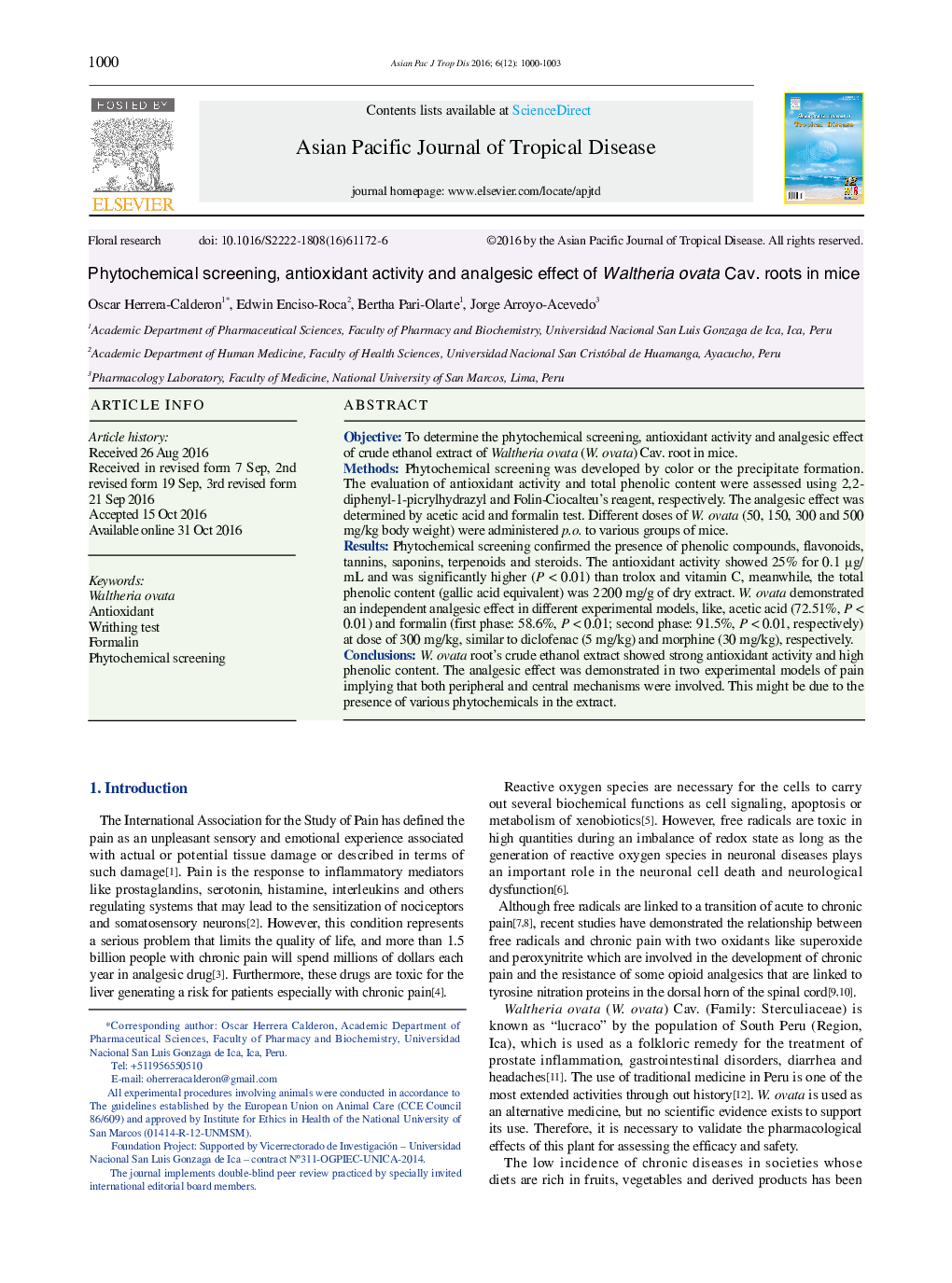 Phytochemical screening, antioxidant activity and analgesic effect of Waltheria ovata Cav. roots in mice