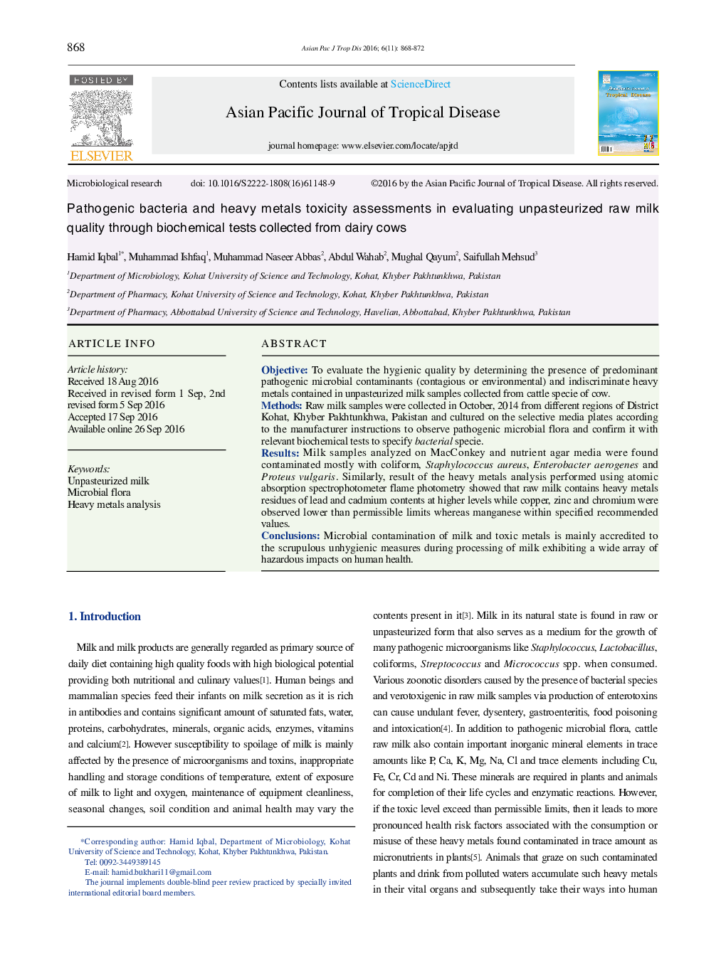 Pathogenic bacteria and heavy metals toxicity assessments in evaluating unpasteurized raw milk quality through biochemical tests collected from dairy cows