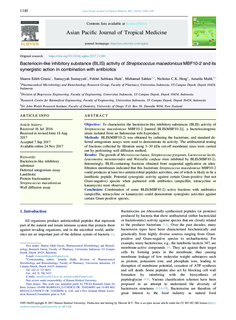 Bacteriocin-like inhibitory substance (BLIS) activity of Streptococcus macedonicus MBF10-2 and its synergistic action in combination with antibiotics