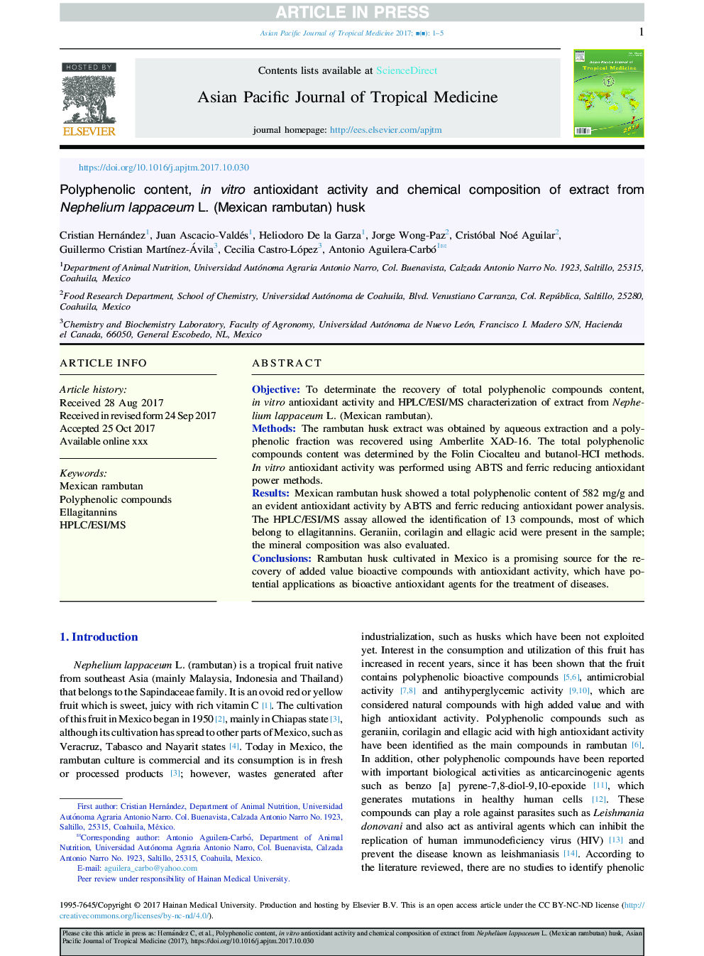 Polyphenolic content, inÂ vitro antioxidant activity and chemical composition of extract from Nephelium lappaceum L. (Mexican rambutan) husk