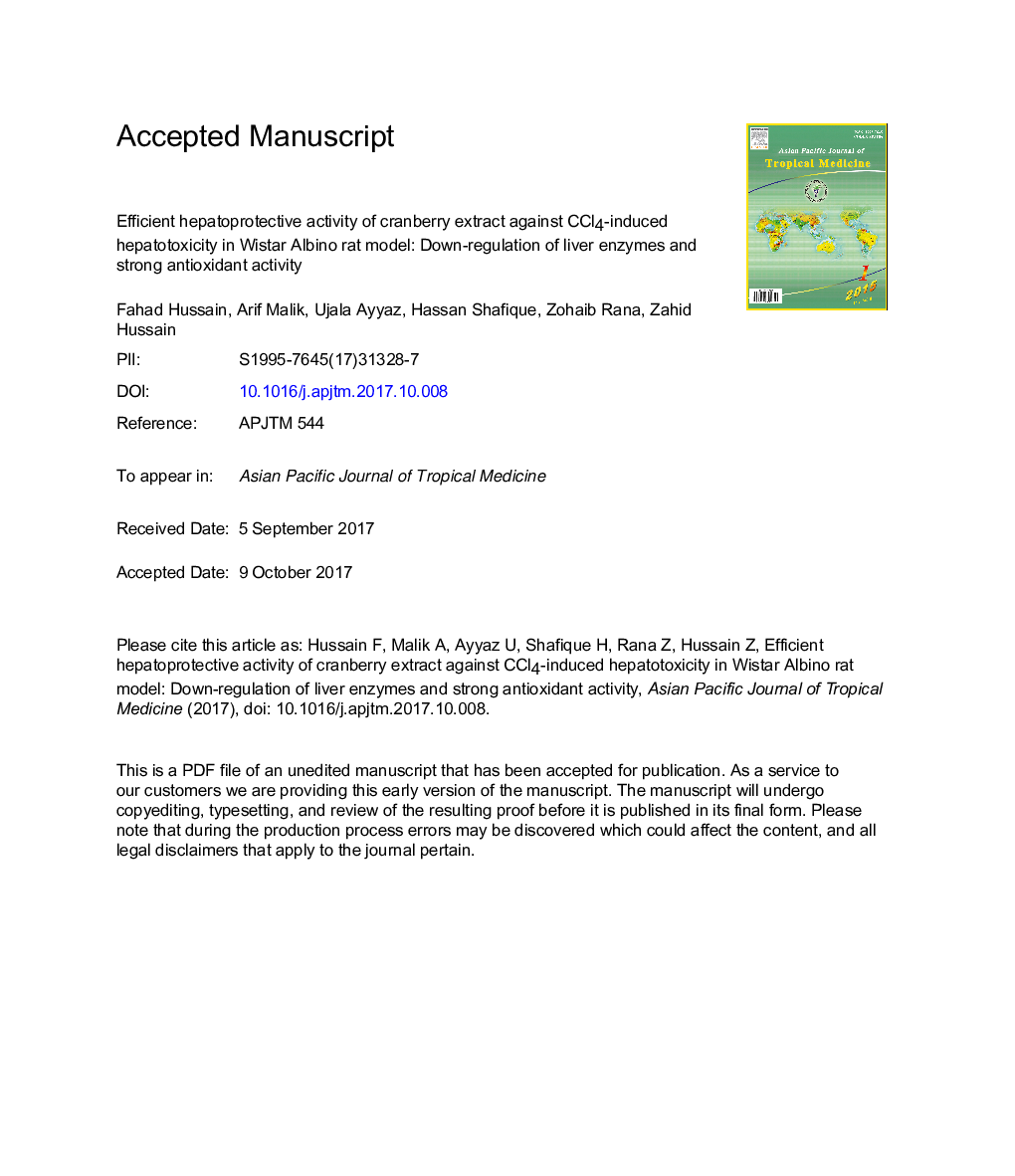 Efficient hepatoprotective activity of cranberry extract against CCl4-induced hepatotoxicity in Wistar albino rat model: Down-regulation of liver enzymes and strong antioxidant activity