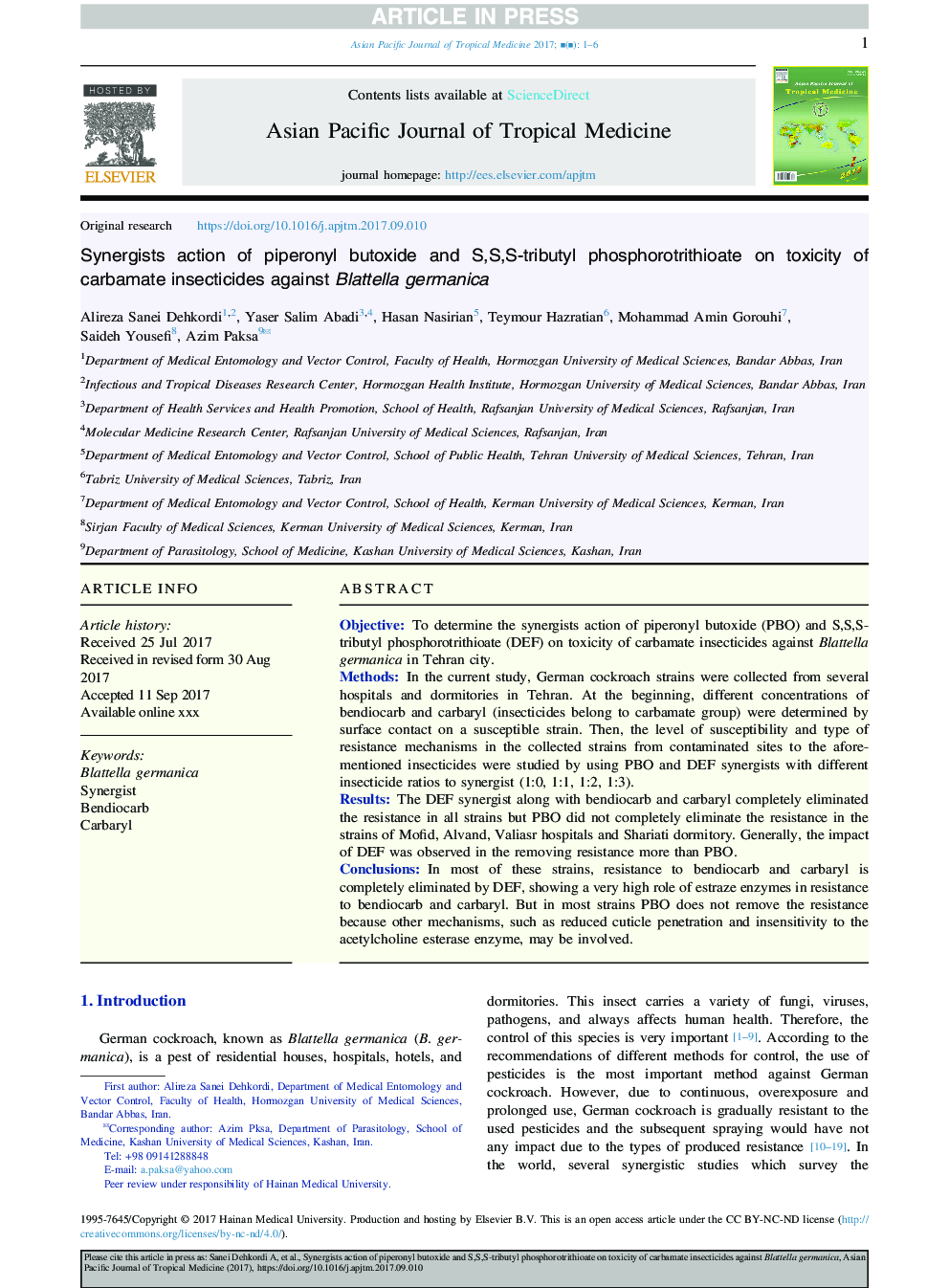 Synergists action of piperonyl butoxide and S,S,S-tributyl phosphorotrithioate on toxicity of carbamate insecticides against Blattella germanica