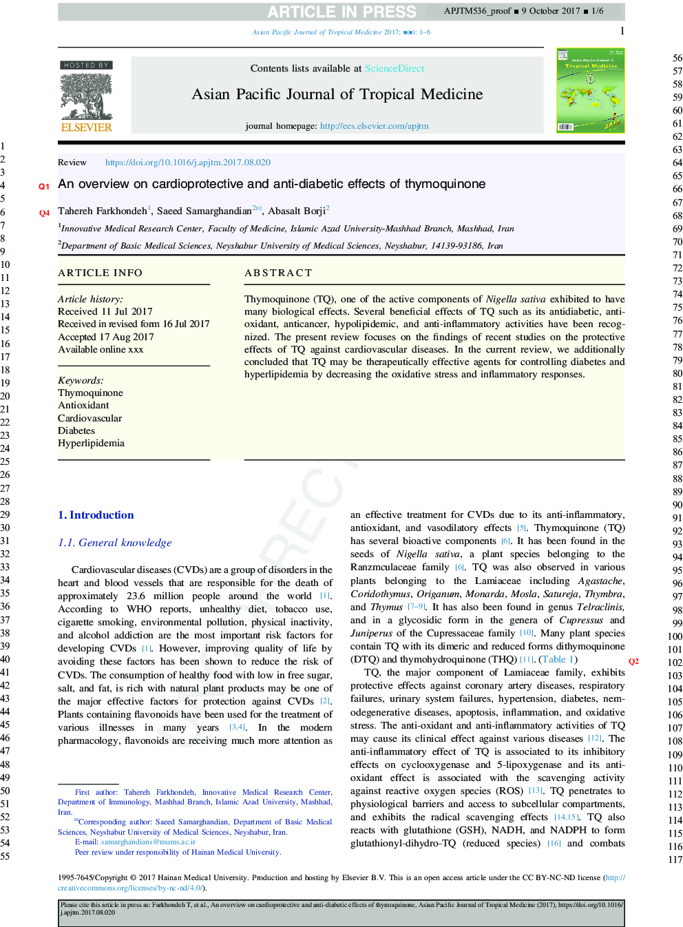 An overview on cardioprotective and anti-diabetic effects of thymoquinone
