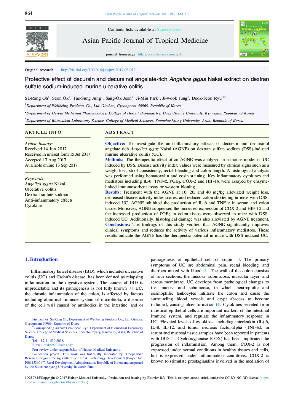 Protective effect of decursin and decursinol angelate-rich Angelica gigas Nakai extract on dextran sulfate sodium-induced murine ulcerative colitis