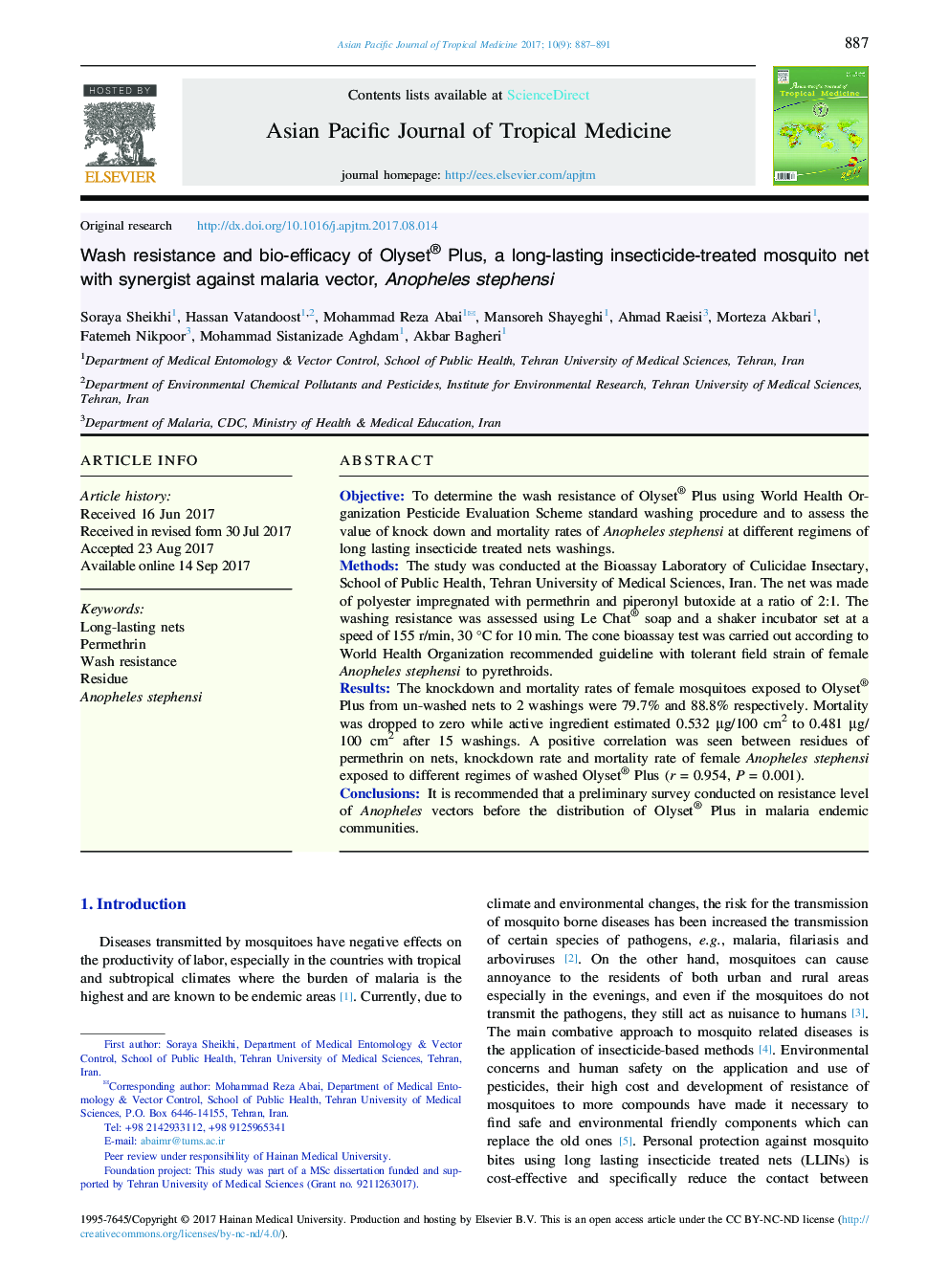 عکس صفحه اول مقاله: Wash resistance and bio-efficacy of Olyset® Plus, a long-lasting insecticide-treated mosquito net with synergist against malaria vector, Anopheles stephensi Wash resistance and bio-efficacy of Olyset® Plus, a long-lasting insecticide-treated mosquito net with synergist against malaria vector, Anopheles stephensi