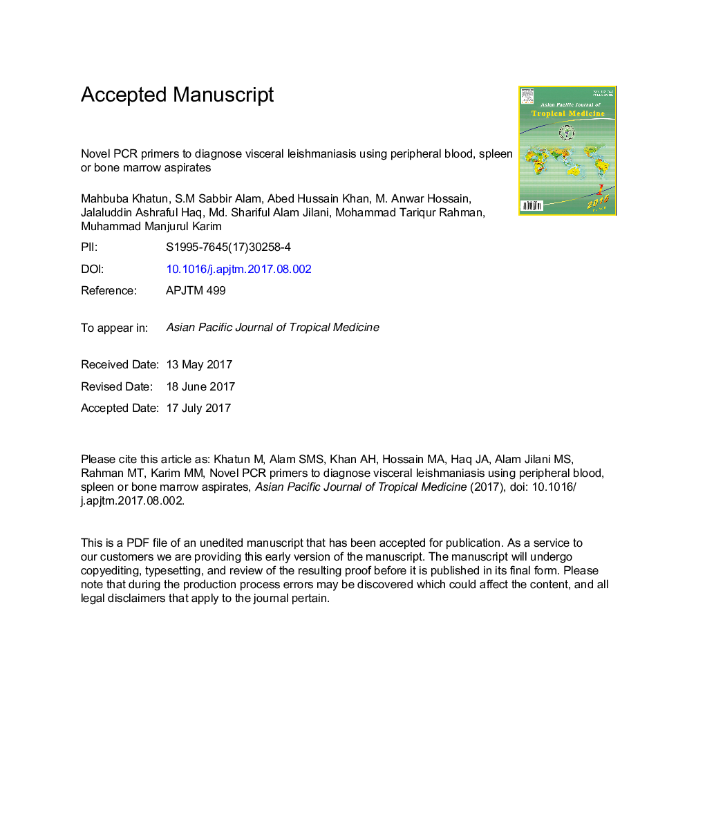 Novel PCR primers to diagnose visceral leishmaniasis using peripheral blood, spleen or bone marrow aspirates