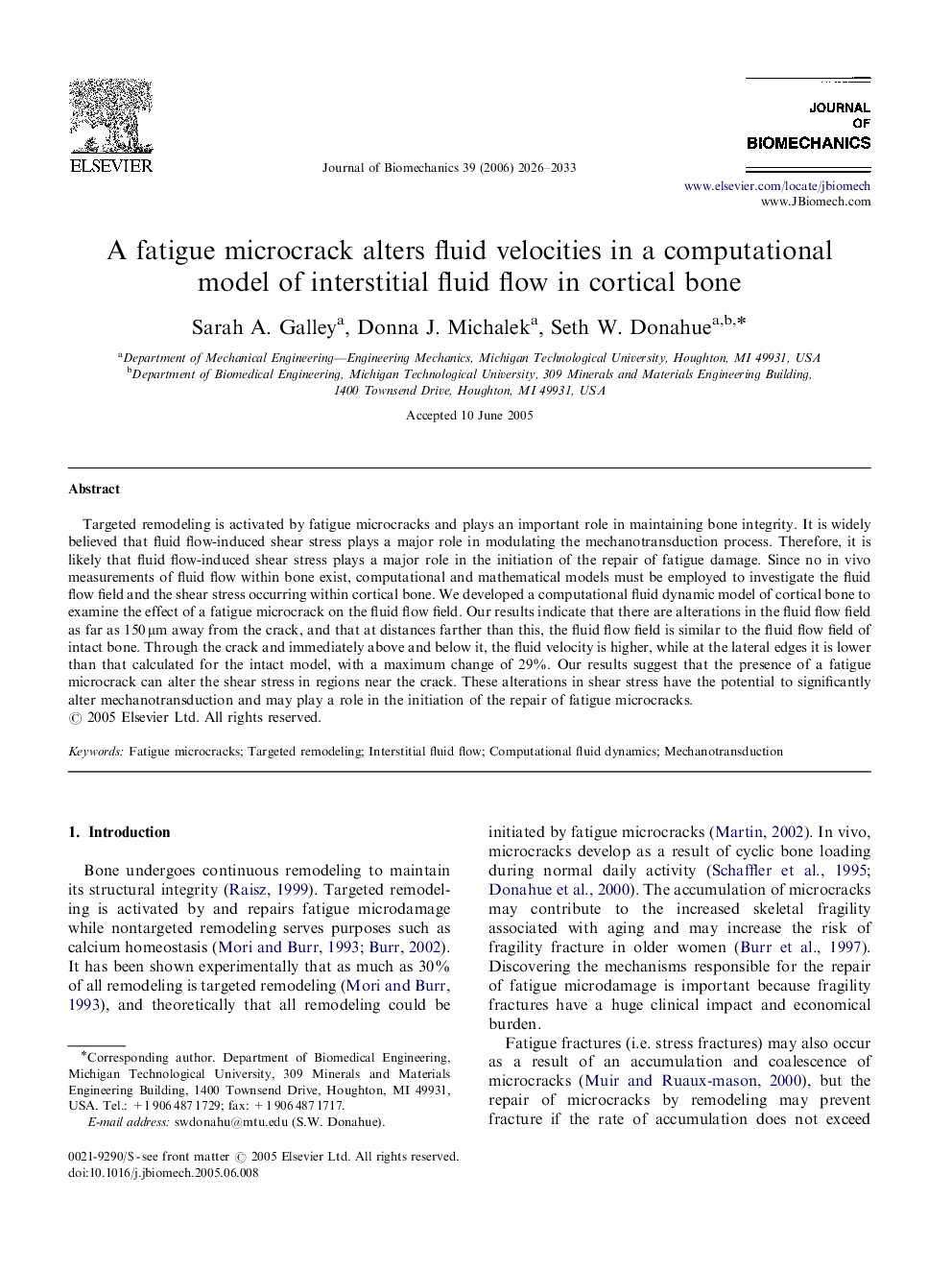 A fatigue microcrack alters fluid velocities in a computational model of interstitial fluid flow in cortical bone