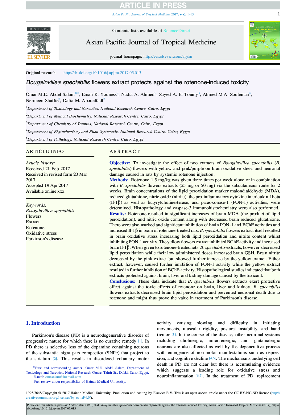 Bougainvillea spectabilis flowers extract protects against the rotenone-induced toxicity