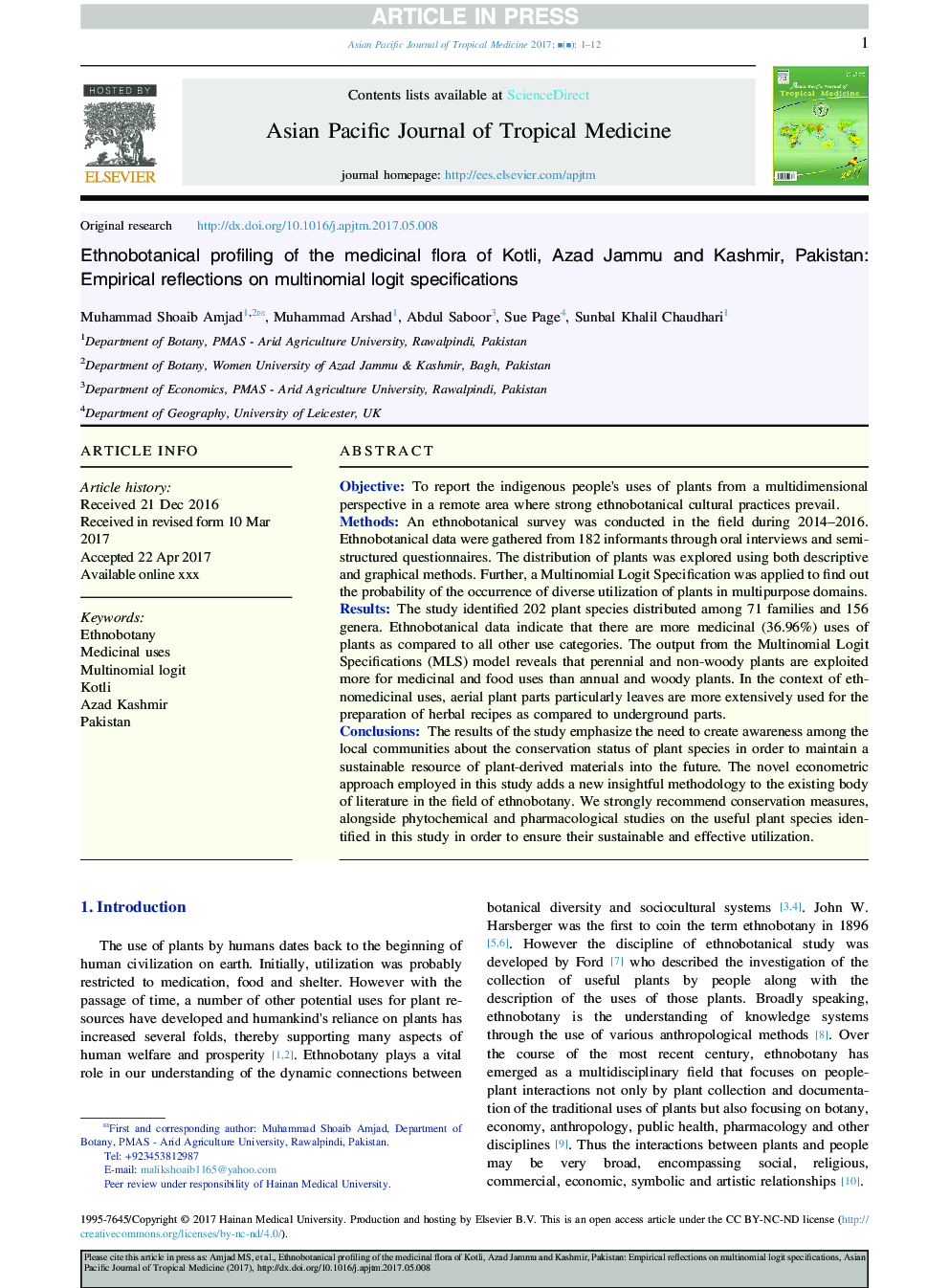 Ethnobotanical profiling of the medicinal flora of Kotli, Azad Jammu and Kashmir, Pakistan: Empirical reflections on multinomial logit specifications