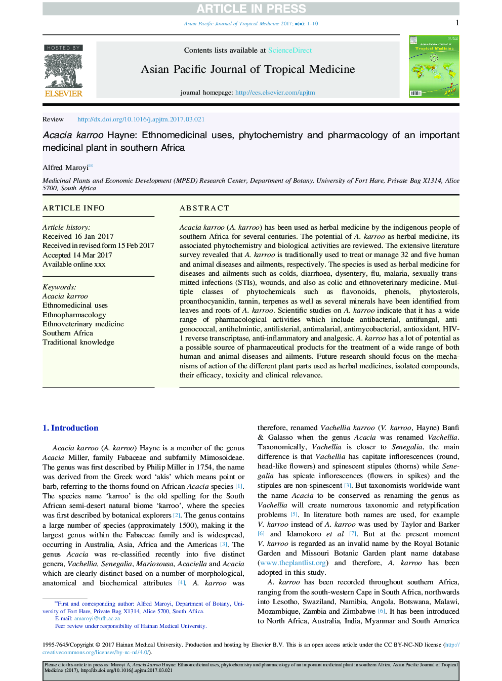 Acacia karroo Hayne: Ethnomedicinal uses, phytochemistry and pharmacology of an important medicinal plant in southern Africa