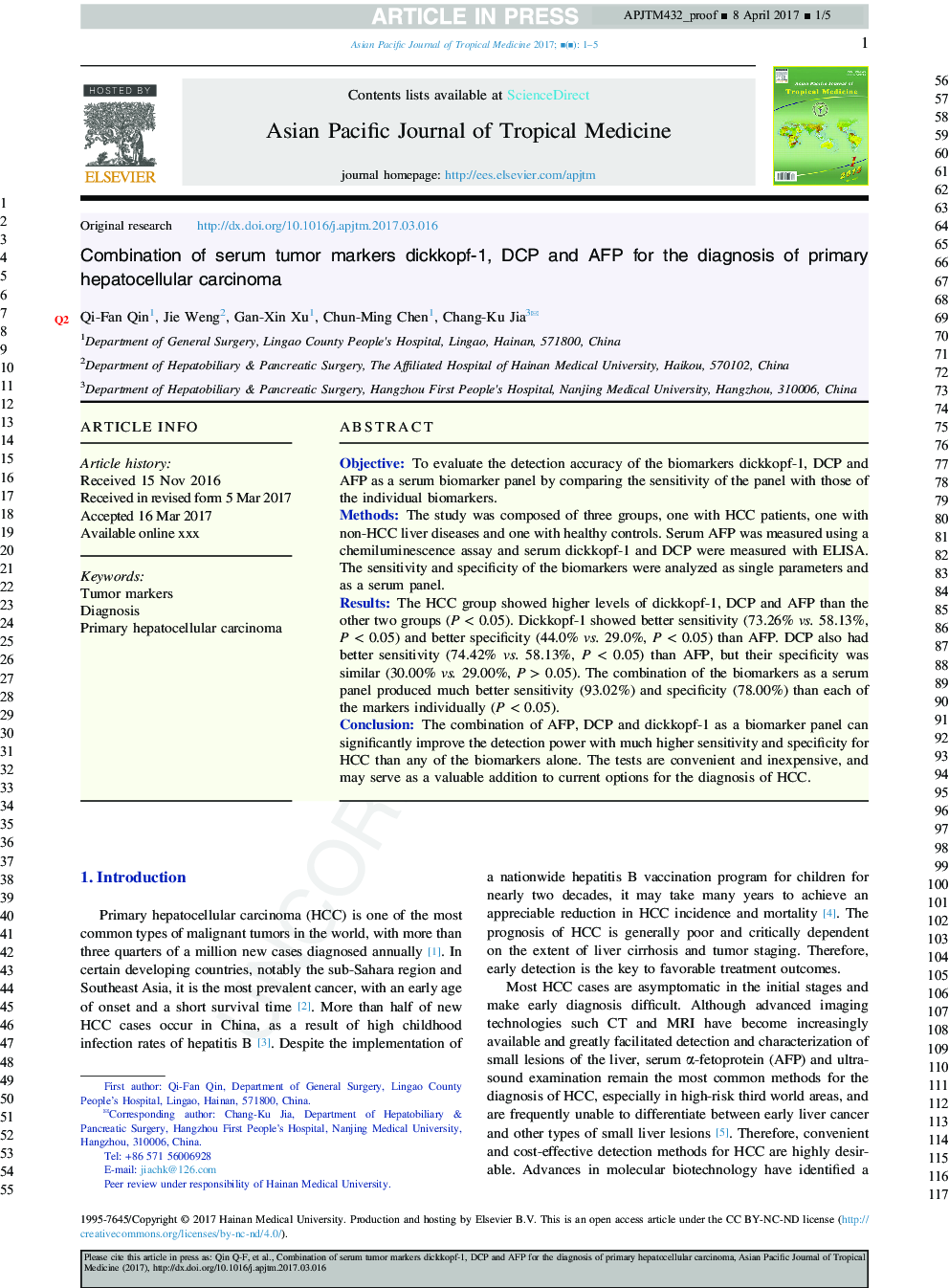 Combination of serum tumor markers dickkopf-1, DCP and AFP for the diagnosis of primary hepatocellular carcinoma