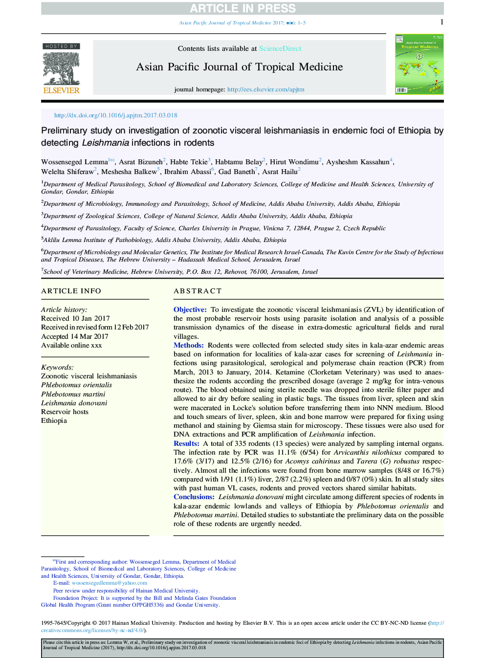 Preliminary study on investigation of zoonotic visceral leishmaniasis in endemic foci of Ethiopia by detecting Leishmania infections in rodents