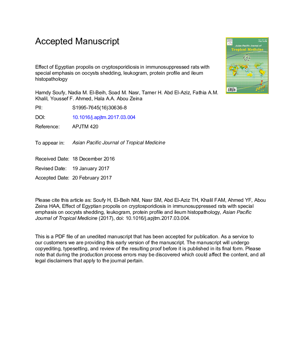 Effect of Egyptian propolis on cryptosporidiosis in immunosuppressed rats with special emphasis on oocysts shedding, leukogram, protein profile and ileum histopathology